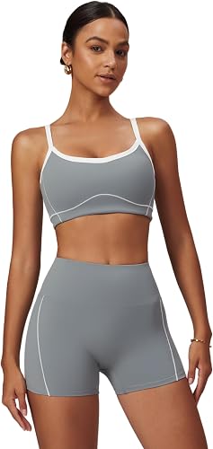ABOCIW Womens Workout Sets Contrast Trim Sports Bra High Waist Biker Shorts 2 Pi