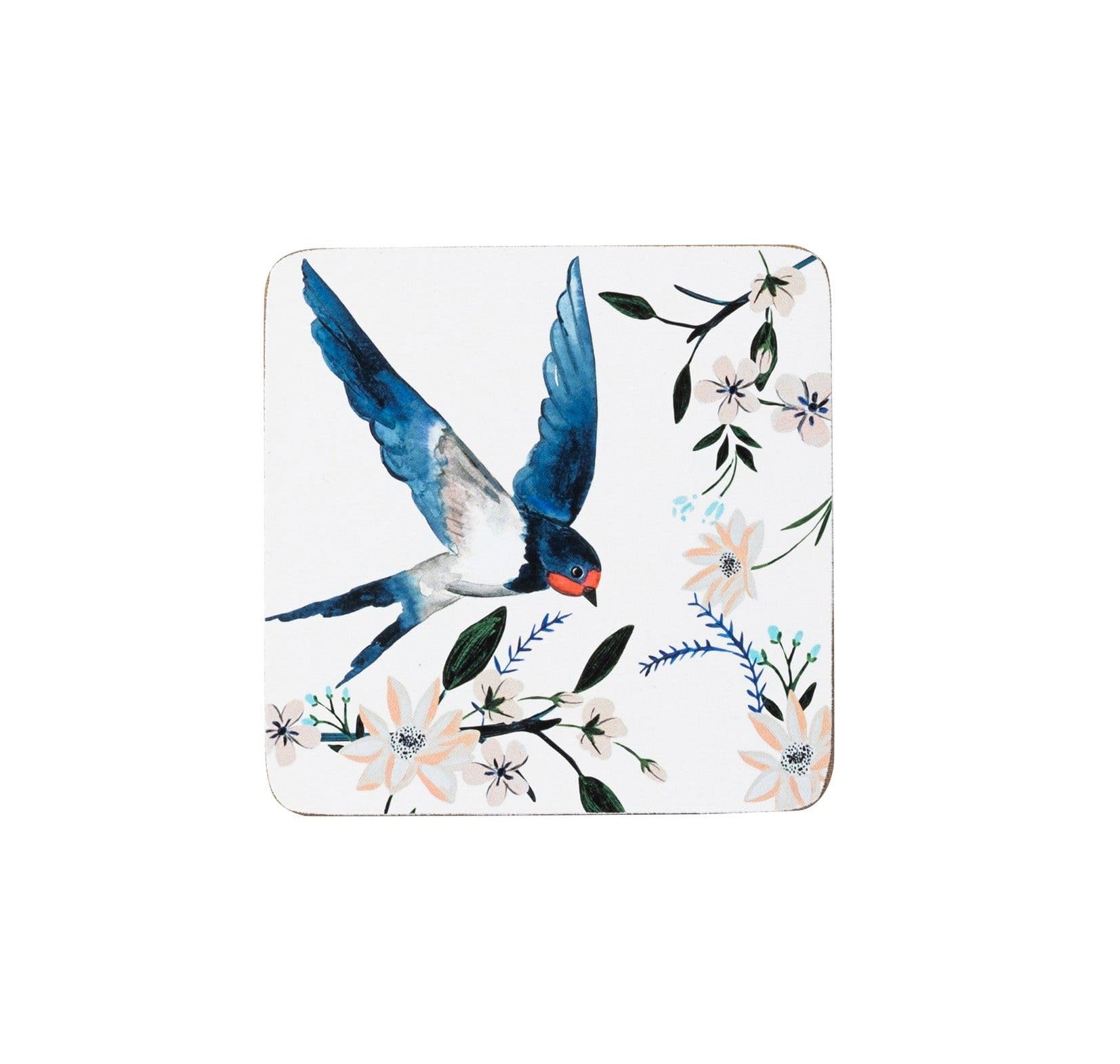 Maison & White Multicolor M&W Flying Home Set Of 4 Coasters | Cork Backed | Birds & Floral Design | Square Shape | Blue, Peach And Green