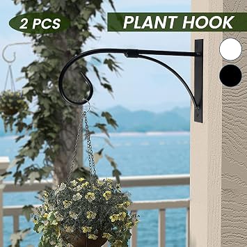2 Pack Hanging Basket Bracket Garden Hook Décor Iron Decorative Plant brackets with Screws Outdoor Indoor (white)
