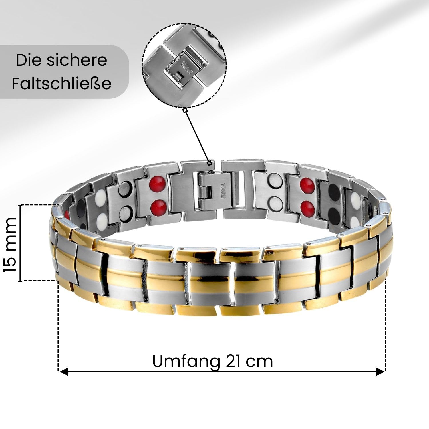 Generisch Doppelreihiges Titanarmband in Silber und Gold, Titan Magnetarmband für Männer, Herren Armband mit Magneten,Inklusive Geschenkbox