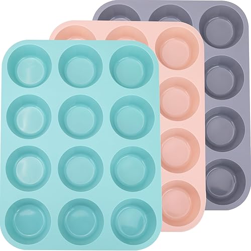 Paquete de 3 moldes de silicona para magdalenas, 12 tazas, antiadherente, de silicona regular, para hacer pasteles de magdalenas, tarta y pan