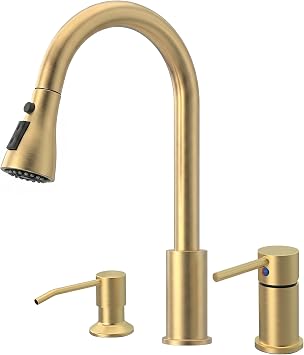 Brass Gold Kitchen Faucet 3 Hole with Soap Dispenser, Gold Kitchen Faucet with Pull Down Sprayer and Separate Single Side Handle 3 Pieces, Stainless Steel High Arc Kitchen Sink Faucet