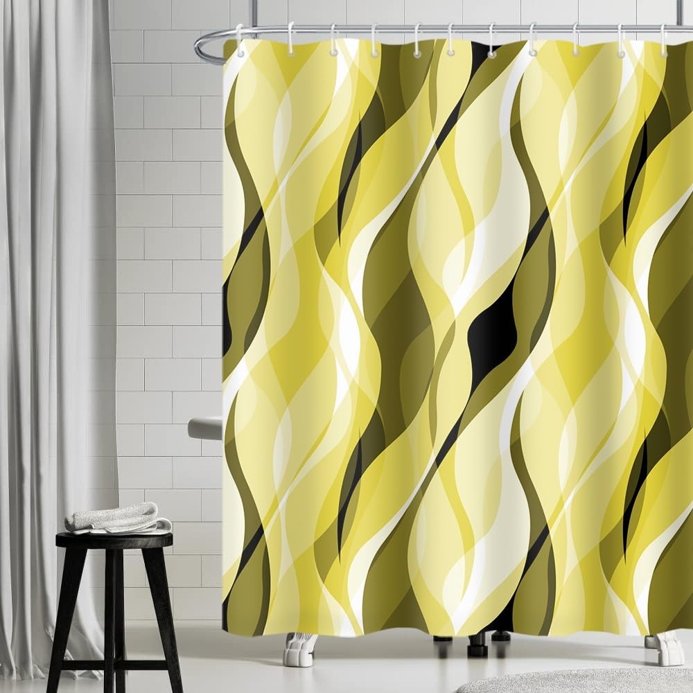 Uiiooazy Yellow Shower Curtain, Abstract Geometric Stripe Lines Motiv Shower Curtain Anti-Mildew Waterproof Polyester Fabric Washable Bath Curtain with 12 Hooks 180 x 180 cm