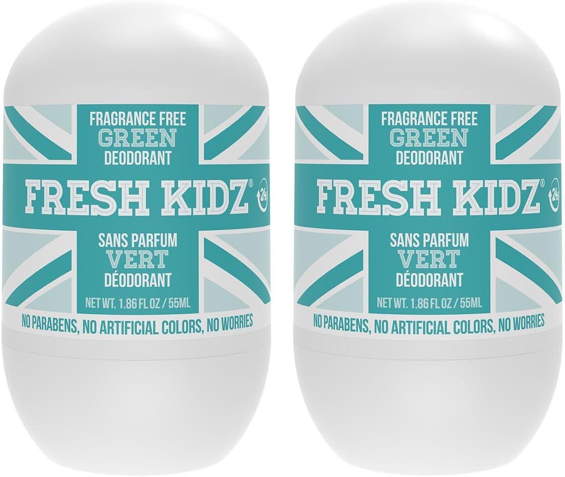 Fresh Kidz Roll On Deodorant for Kids and Teens - Baking Soda and Aluminum-free 24 Hour Protection for Sensitive Skin - Unscented "Green" 1.86 fl.oz. (2 Pack)