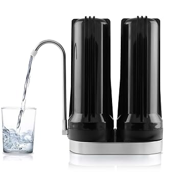 APEX EXPRT MR-2050 فلتر مياه كونترتوب مزدوج ، فلتر مياه الكربون والمعادن القلوية ، سهل التركيب فلتر مياه الحنفية - يقلل من المعادن الثقيلة ، طعم سيء وما يصل إلى 99% الكلور - أسود