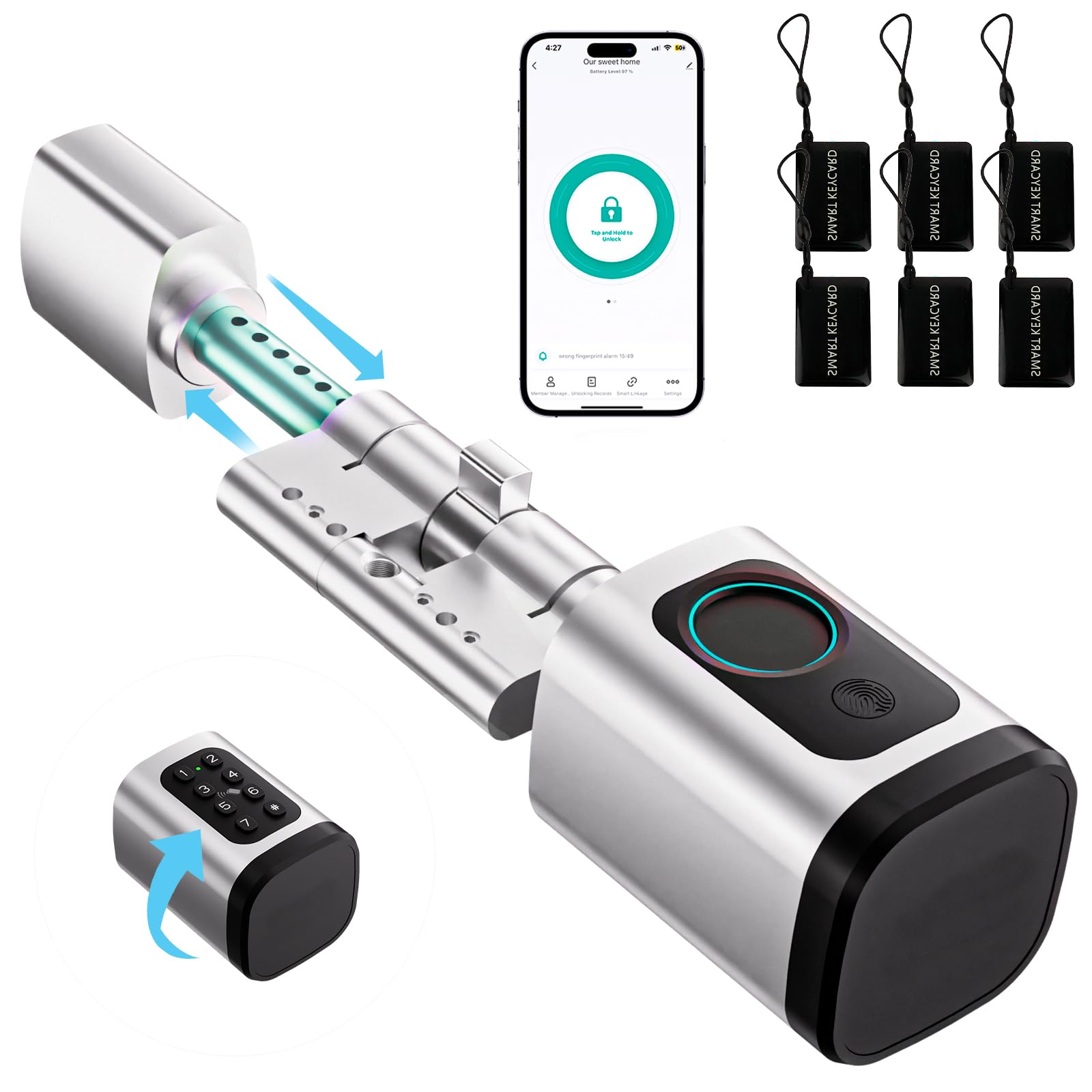 Serrure connectée, serrure électronique à empreinte digitale, longueur réglable Smart Lock, serrure électronique avec carte RFID, application, WiFi, Bluetooth, 60–90mm, accessoires de rallonge, argent