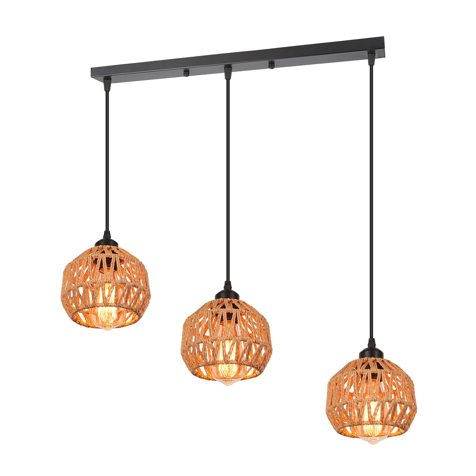 3 Lumières Suspension Industriel Lustre Vintage Abat-jour en Métal et Rotin Luminaire Plafonnier Rétro E27 Lampe Suspendue avec une Barre pour Restaurant Salon Chambre