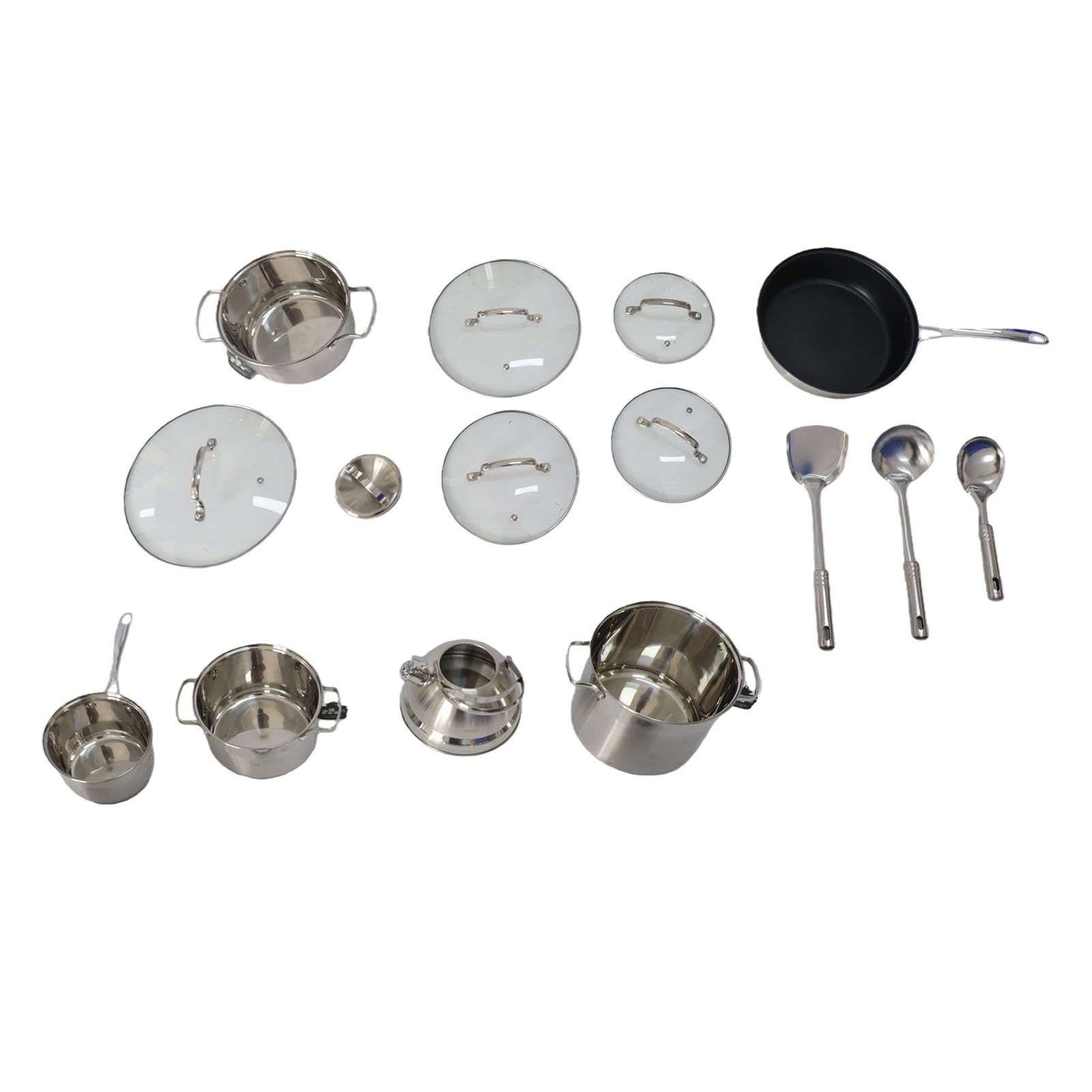SIXRUN Juego de Utensilios de Cocina de Acero Inoxidable, Juego de Ollas y Sartenes de 15 Piezas con Tapas de Vidrio, 3 Cacerolas, Sartén, Olla para Leche, Utensilios de Cocina de Fondo Plano para