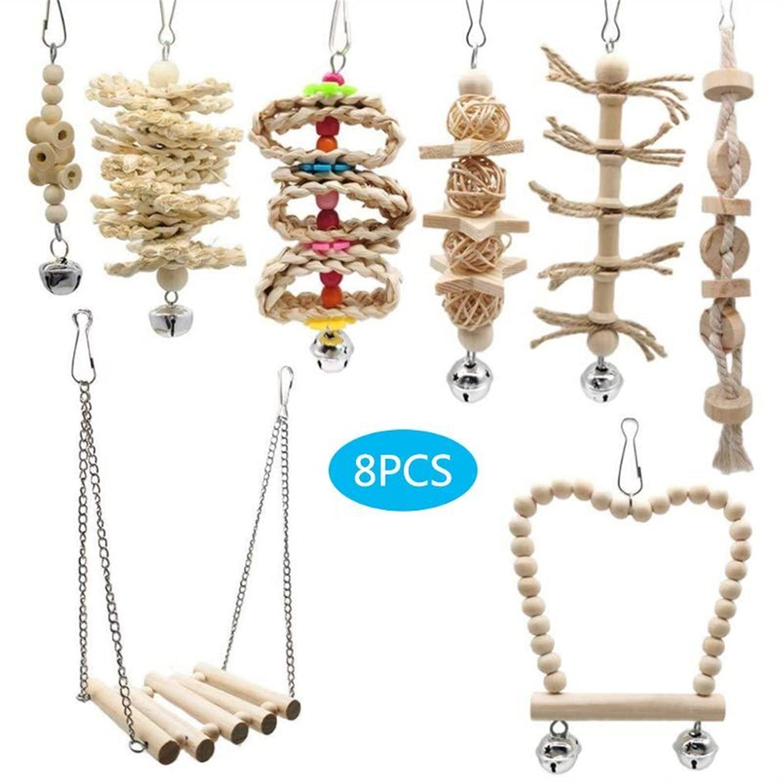 Vogelspielzeug 8 Teile/Satz Vogel Papagei Swing Chew Spielwaren Natürliches Holz Hängende Glocke Vögel Käfig Spielzeug Für kleine Sittichets Cockatiels Vogelbedarf