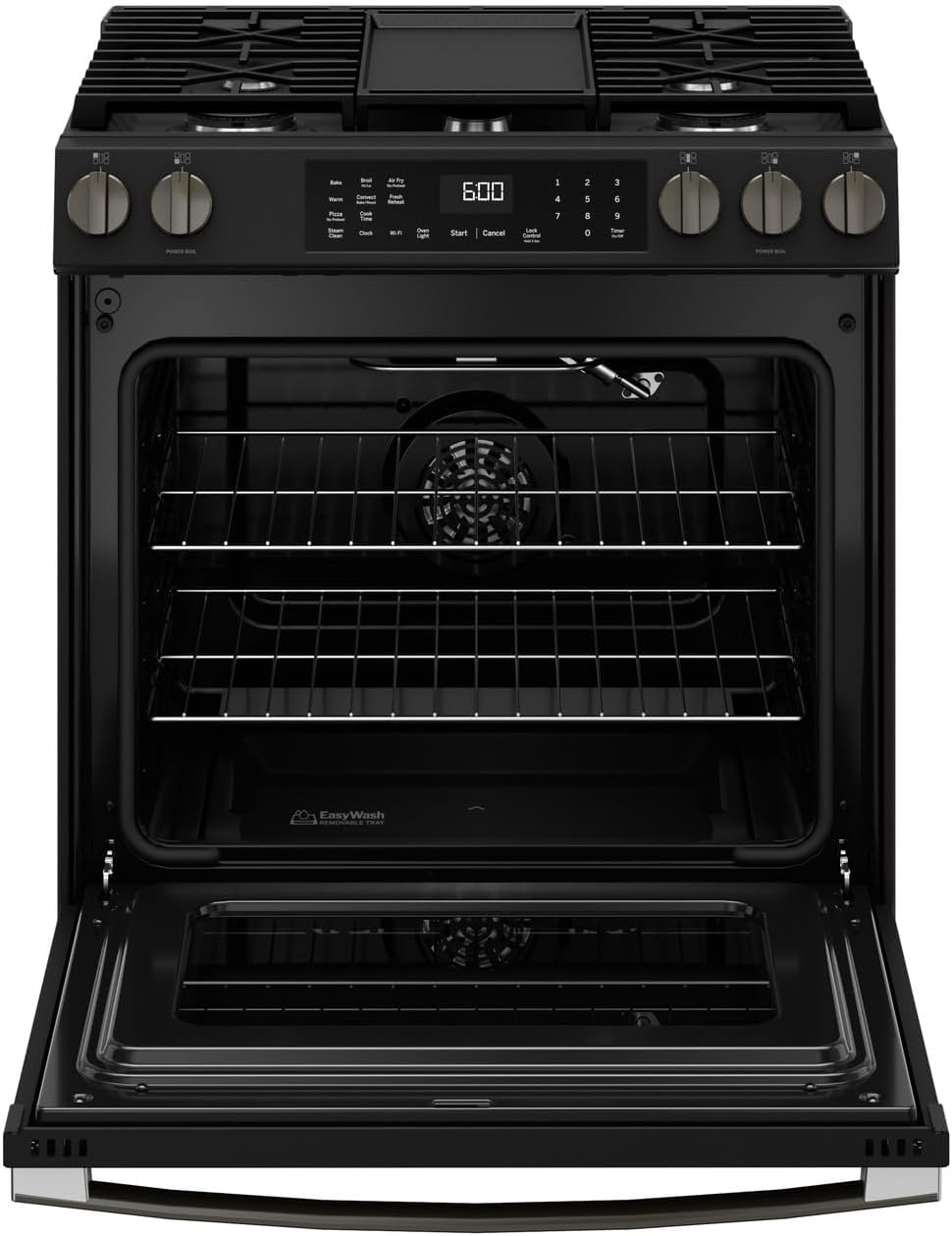 GE 30-Inch Slide-In Gas Smart Range with Convection, No-Preheat Air Fry, 5 Sealed Burners, Black Slate