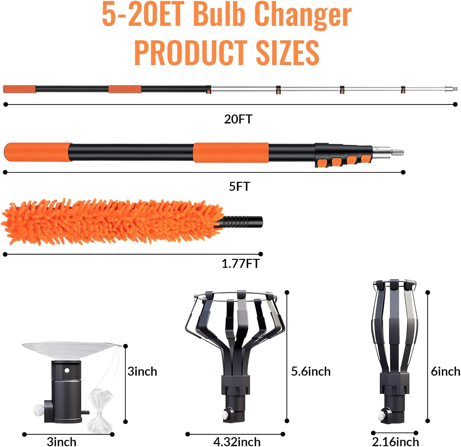 Light Bulb Changer for High Ceilings with 26FT Reach, Telescopic Extension Pole for High Ceilings and Recessed Lights (5-20FT) with Baskets, Suction Cup and Duster with Extension Pole