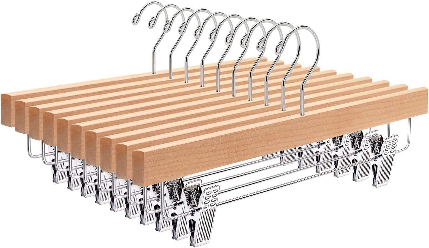 35.5cm Natural Wooden Trouser Hanger 10pcs, Smooth Wooden Skirt Hanger with Adjustable Anti-Slip Clip, Space-Saving Solid Hanger for Bottoms Jeans Slacks