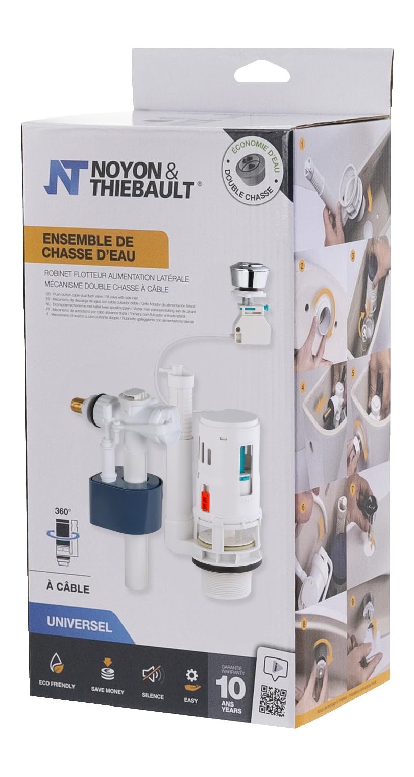 Conjunto de Descarga con Válvula Flotadora + Mecanismo de Inodoro con Cable y Botón Pulsador 3/6 L | Ahorro de Agua | Compatible con Cisternas | NOYON & THIEBAULT