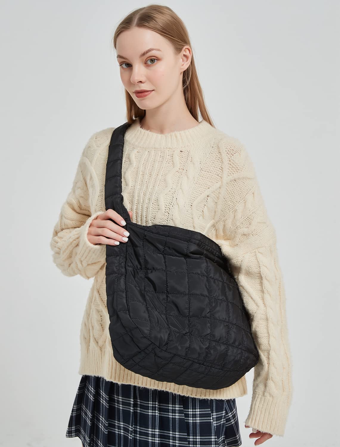 Women Quilted Tote Bag Large Nylon Shoulder Bag Puffer Crossbody Bag Hobo Quilted Purse Handbag (black)