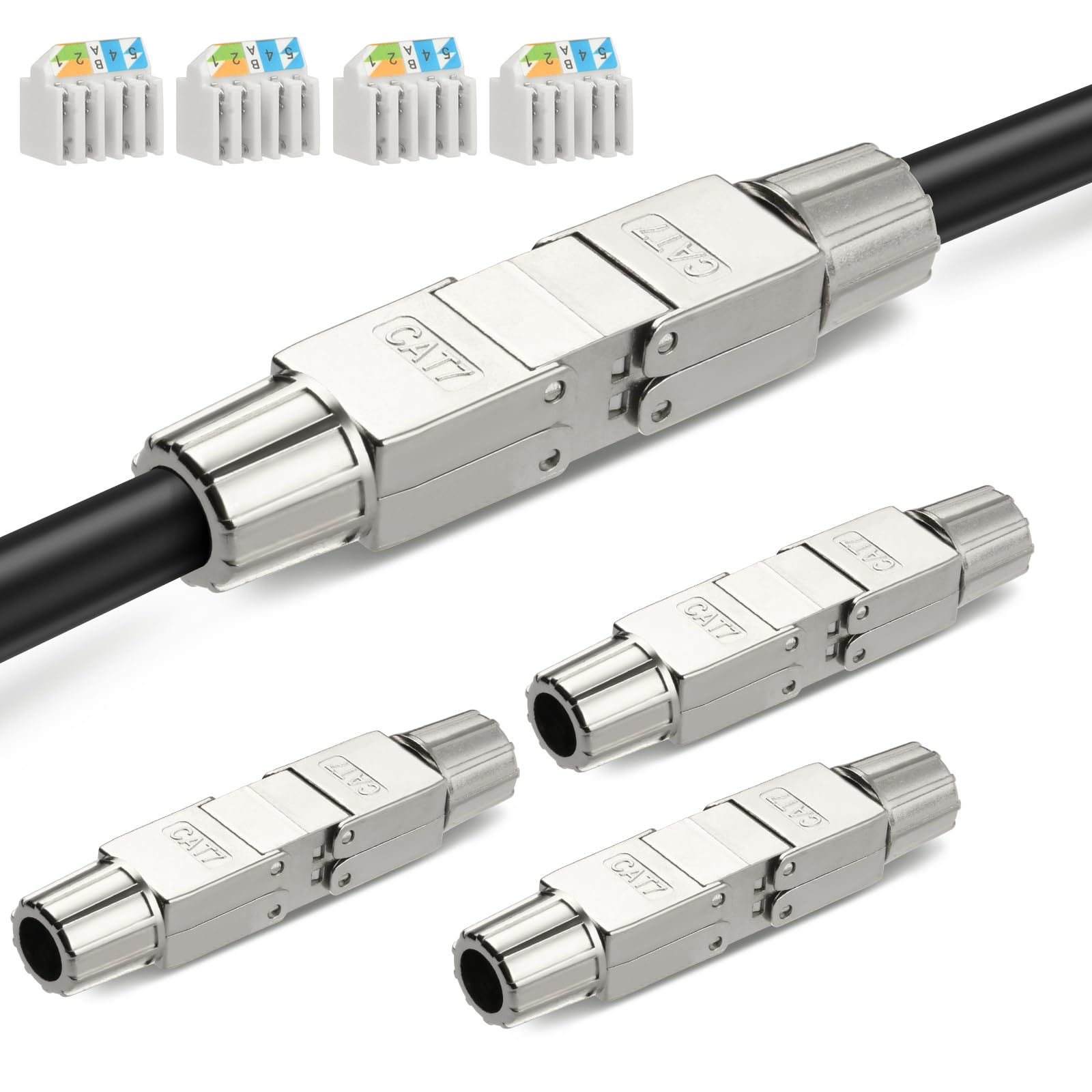 AXFEE 4-pak złączy RJ45, moduł przyłączeniowy łącznika Cat7, złącze Ethernet 8P8C, ekranowany przedłużacz sieciowy, adapter złącza LSA, modułowe złącze wtykowe do kabla Ethernet