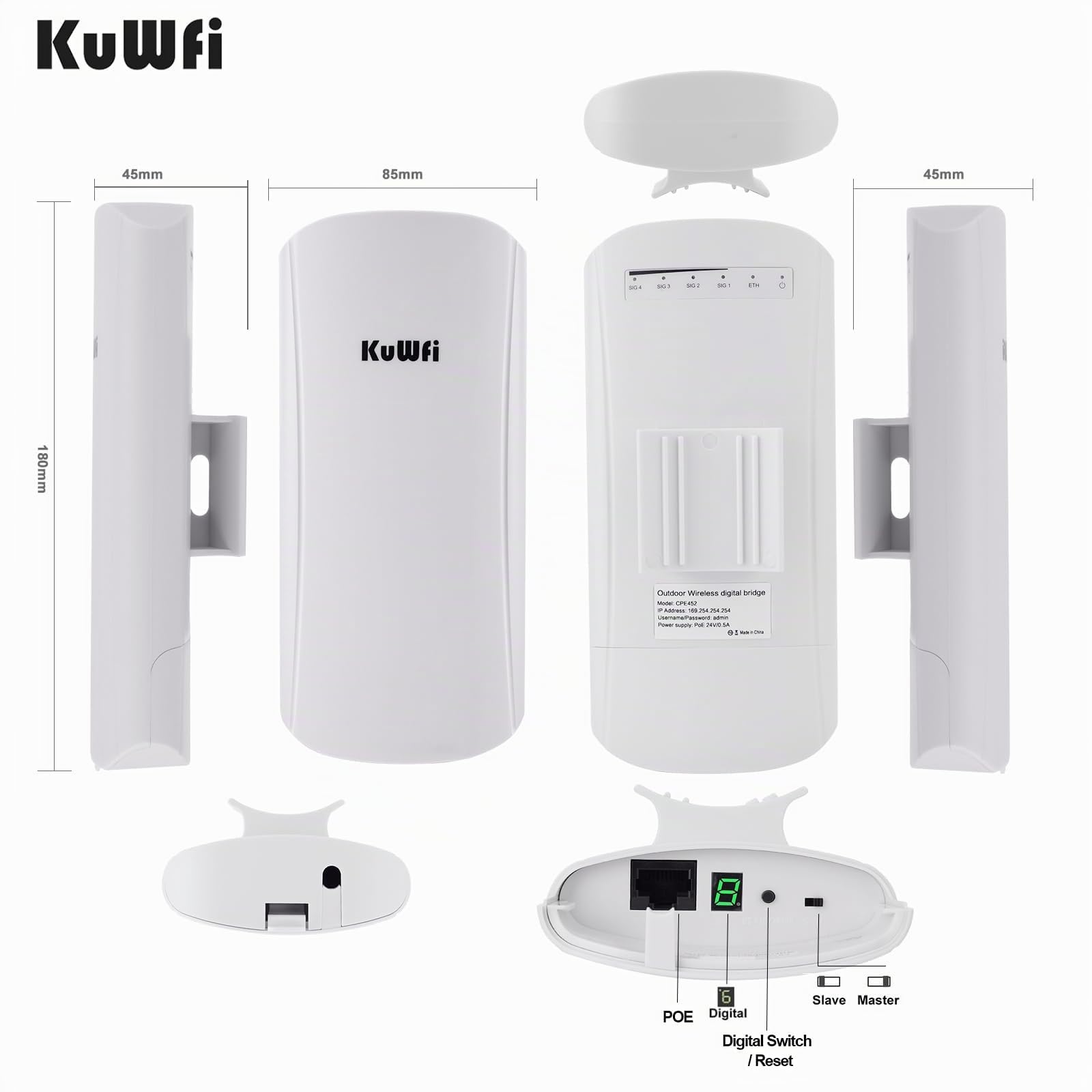 KuWFi Accesso Point Esterno,1-2KM Distanza, velocità WiFi fino a 450Mbps, Ponte Radio Wireless Dual Band 5.8GHz per Router Starlink/Telecamera, connessione PTP/PTMP Antenna WiFi Esterno