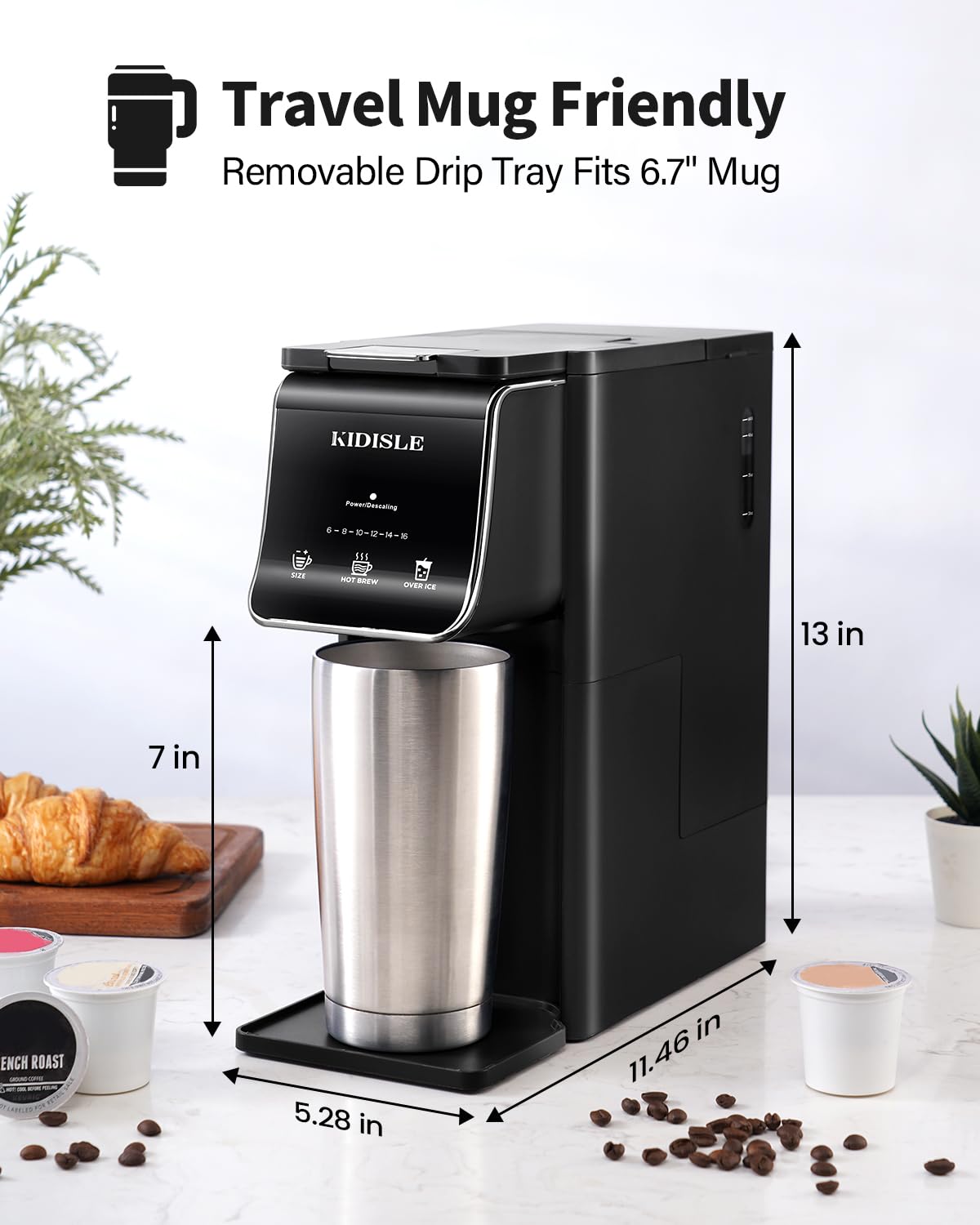 KIDISLE Hot & Iced Single Serve Coffee Maker for K Cup & Grounds, 6–16oz Brew Sizes, 40oz Water Tank, Reusable Pod Filter, Easy-to-Use for Home, Office, Dorm, Black — view 7
