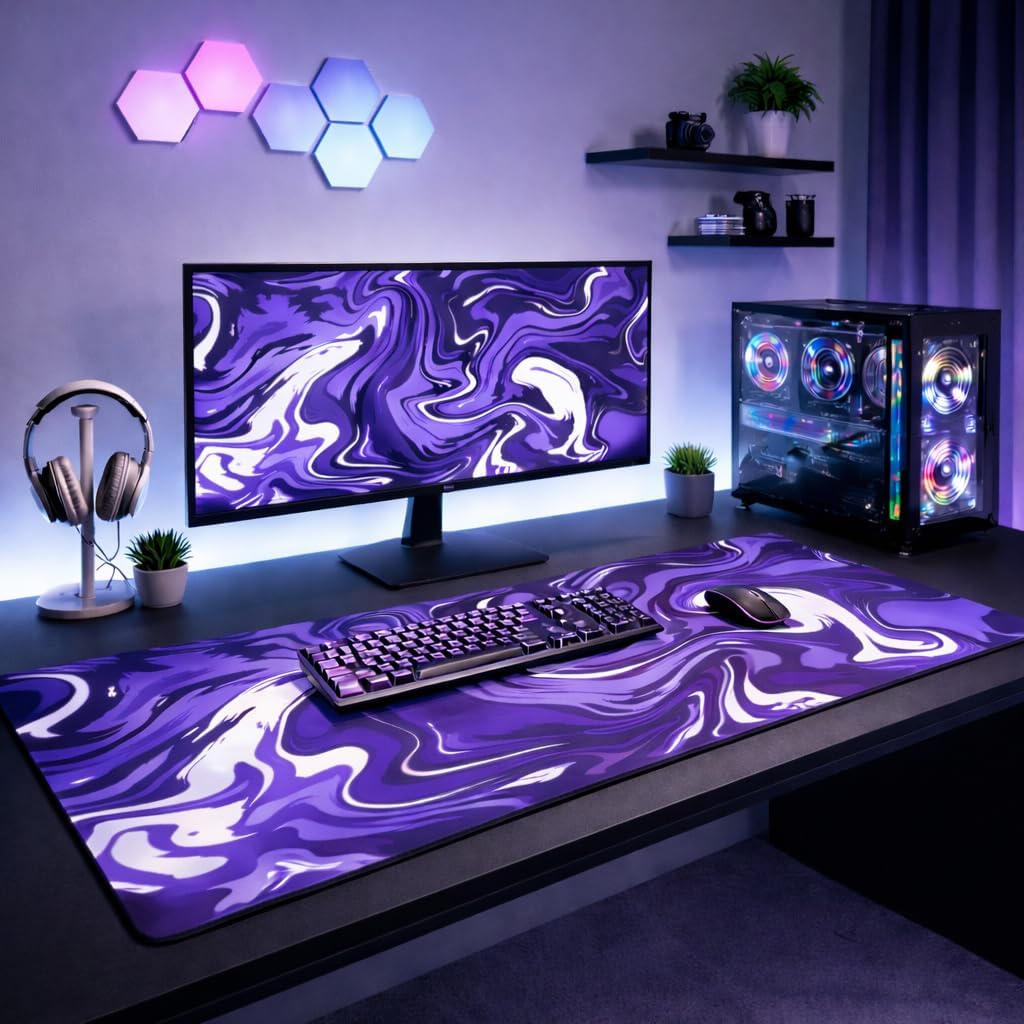 Extended Desk Mat 458 x 915 mm | Premium Abstract Purple Mouse Pad with Stitched Edges | 3mm Thick Non-Slip Desk Pad for Gaming, Office & Workstation