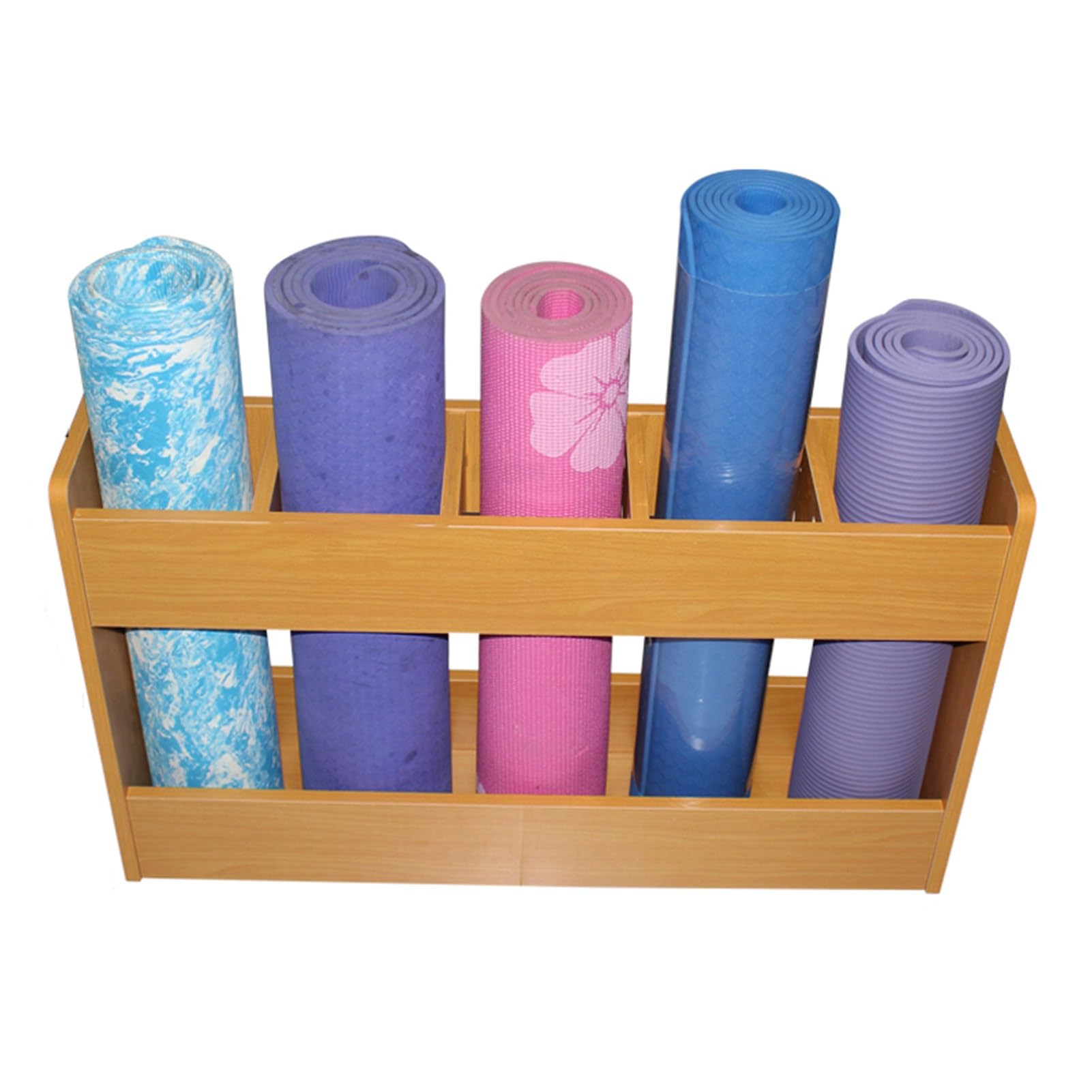 Soporte de almacenamiento para esterilla de yoga, soporte y estante de madera natural para gimnasio en casa, ideal para rodillos de espuma, pesas rusas, bloques de yoga y raquetas de bádminton, fácil