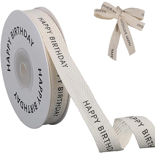 Cotton Ribbon, 10 Yard/9.14m Gift Wrapping Wrap Text Ribbon Natural Twill Tape Vintage Decoration for Bouquet Holiday Party Gifts Wrapping Crafts Supplies (Happy Birthday)