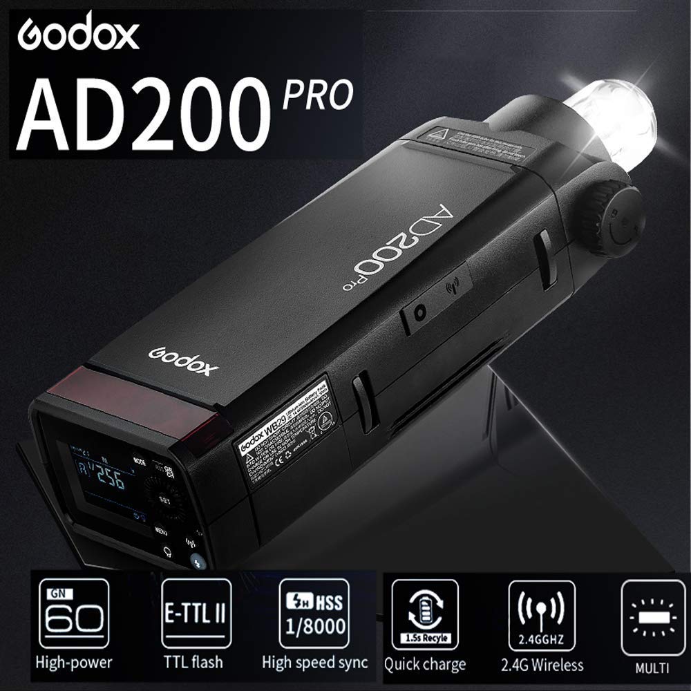 Godox AD200 Pro AD200Pro Flash Strobe, 200w 2.4G TTL 1/8000 HSS Speedlite con 2900mAh Batería de Litio, 500 Full Power Monolight，Bombilla Desnuda/Speedlite Fresnel Flash Cabeza