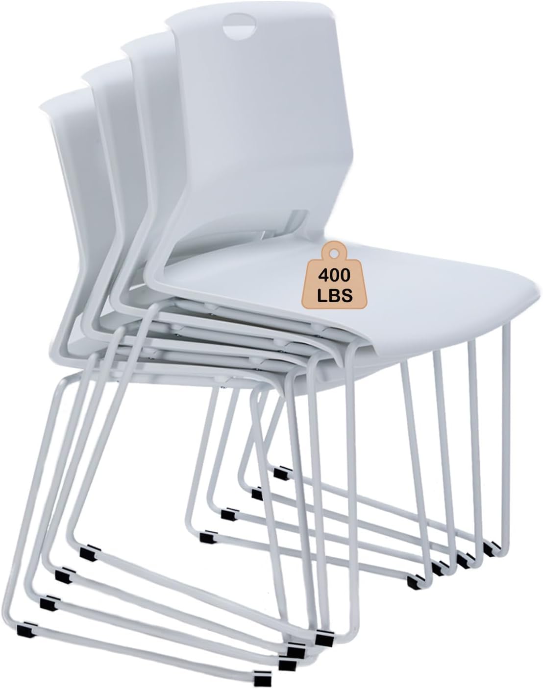 Follow White Stacking Chairs Set of 4 - Modern Stackable Office Chairs, Wide Plastic Seat, Metal Sled Base for Conference, Banquet, Lobby & Church