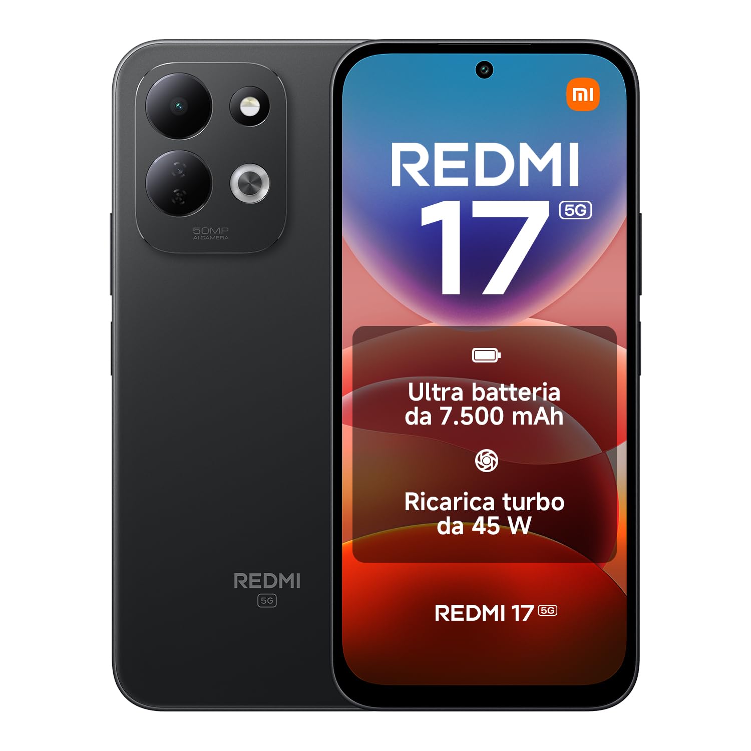 REDMI 17 5G, Smartphone 4+128GB, Nero, Batteria 7500mAh, Ricarica 45W | Snapdragon® 4 Gen 5 5G, Resistente Corning® Gorilla® Glass 7i, Display Immersivo 6,9″, Sistema a Doppia Fotocamera AI da 50MP