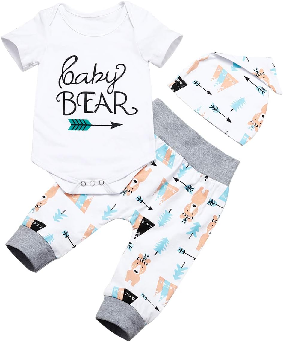 Newborn Baby Boys Clothes Infant Baby Bear Long Sleeve Bear Print Pants Outfit Sets + Hat 0-3months