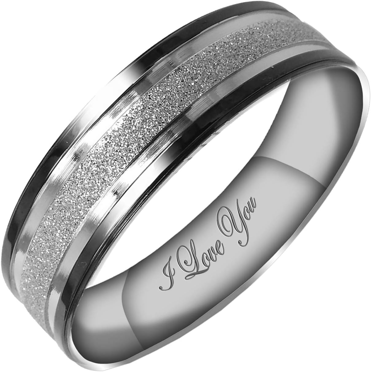 Everstone Women's Sparkle 4MM & 6MM Flat Promise Ring Wedding Bands Titanium Ring Two Tone Color: Black & Sparkle Silver Engraved I Love You