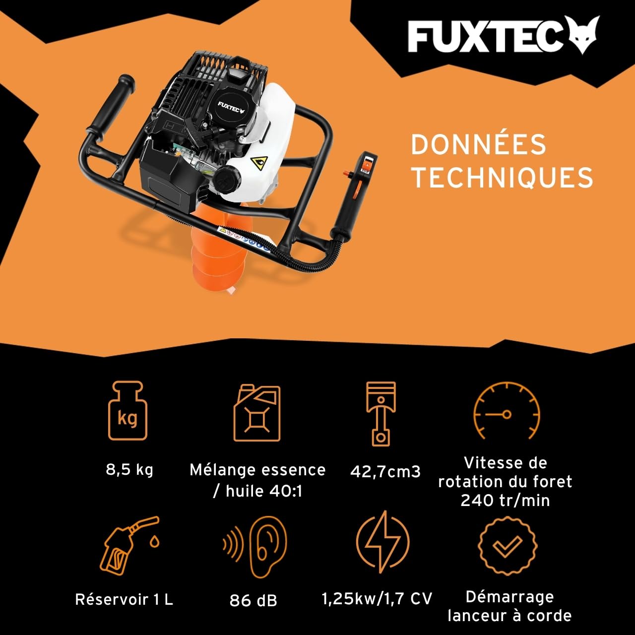 FUXTEC Tarière Thermique FX-EB143ECO - Moteur 2 Temps 42,7cm³ 1,25kW - Idéale pour la Plantation et Clôtures - Réducteur Intégré - Ergonomique & Compact - Forets Ø100/150mm Inclus – Réservoir 1L
