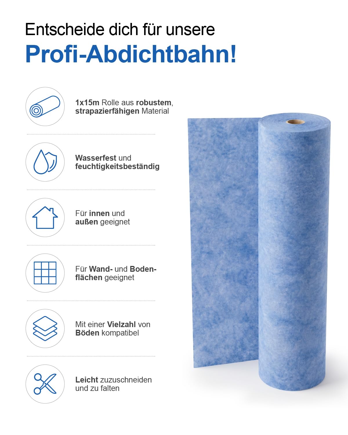 M&N Abdichtungsbahn D11 15m², Abdichtbahn Dusche & Bad, 0,65 mm Dichtfolie für Wand & Boden, Dichtbahn Duschelement, Balkon & Terrasse, 1 x 15 m