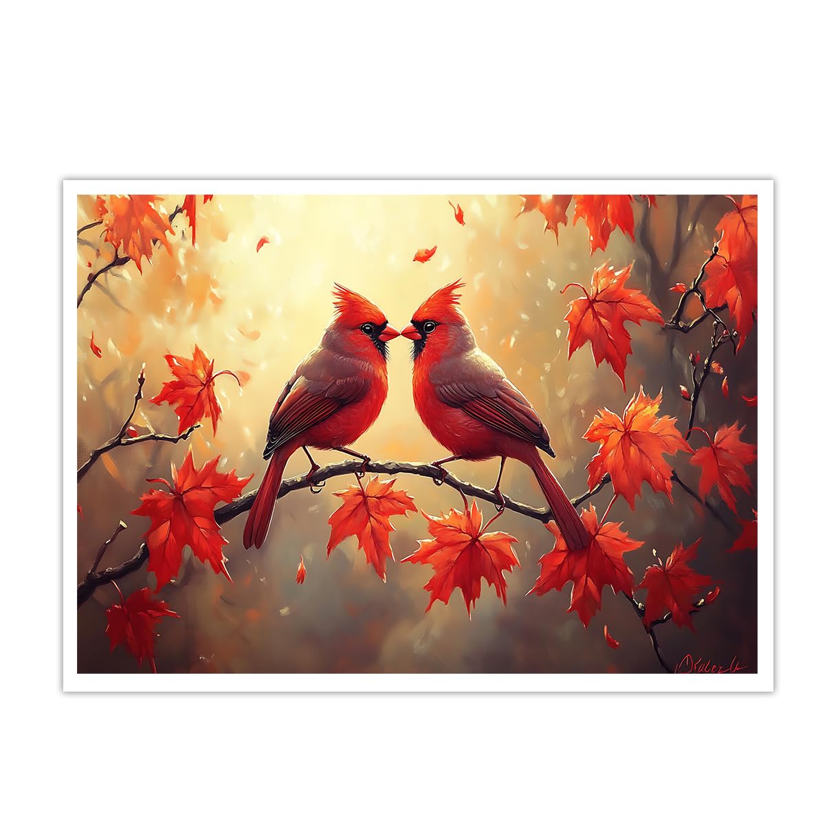 CHERHERART Rustic Red Maple Leaves Canvas Poster Farmhouse Decor Wall Art Pictures Vintage Bird Couple Canvas Pictures for Bedroom Dining Room 75x115cm Frameless