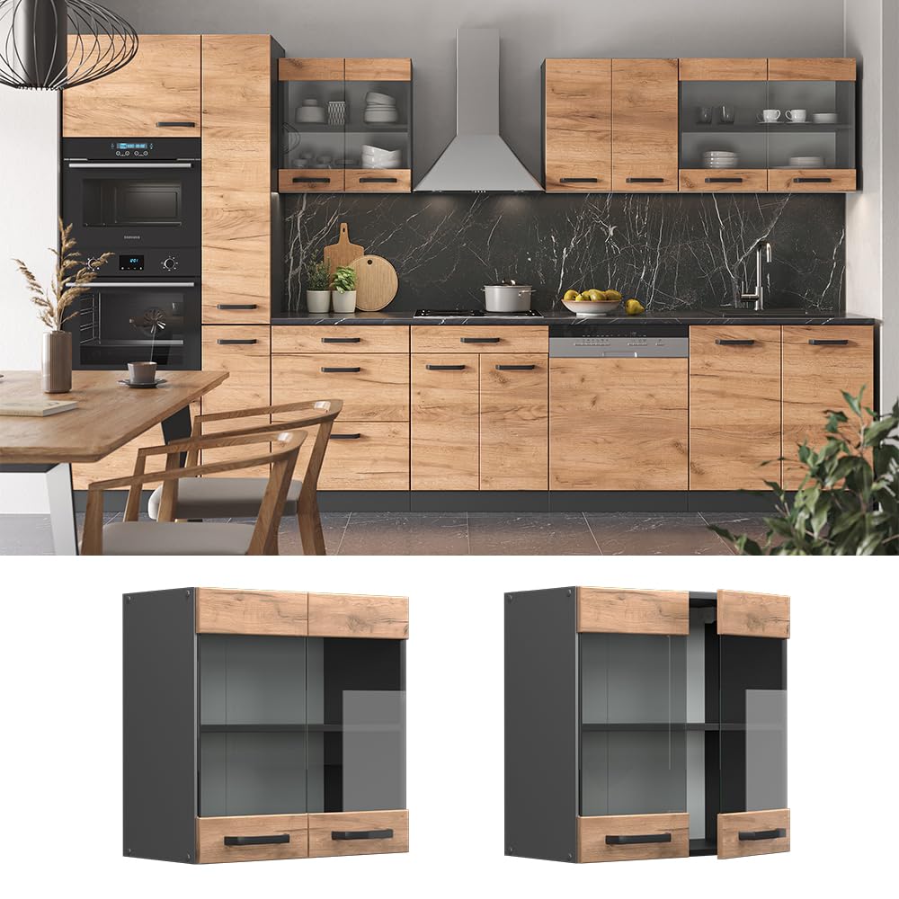 Vicco Mobile da cucina in vetro R-Line, Rovere dorato, 60 cm, per la libera combinazione all'interno di sistemi cucina modulari