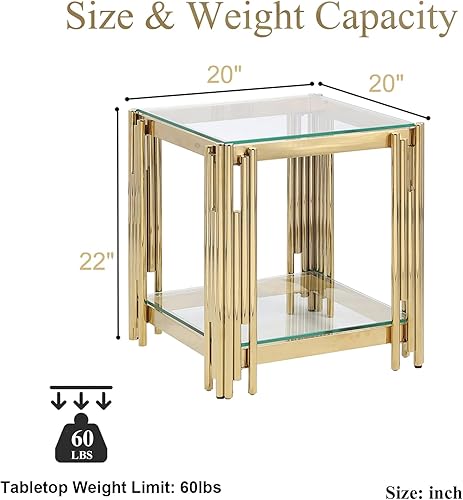 Miniatura 3 de SSLine Mesa auxiliar de vidrio templado,Mesa auxiliar cuadrada moderna con estante inferior,Mesas centrales de lujo con marco de acero inoxidable