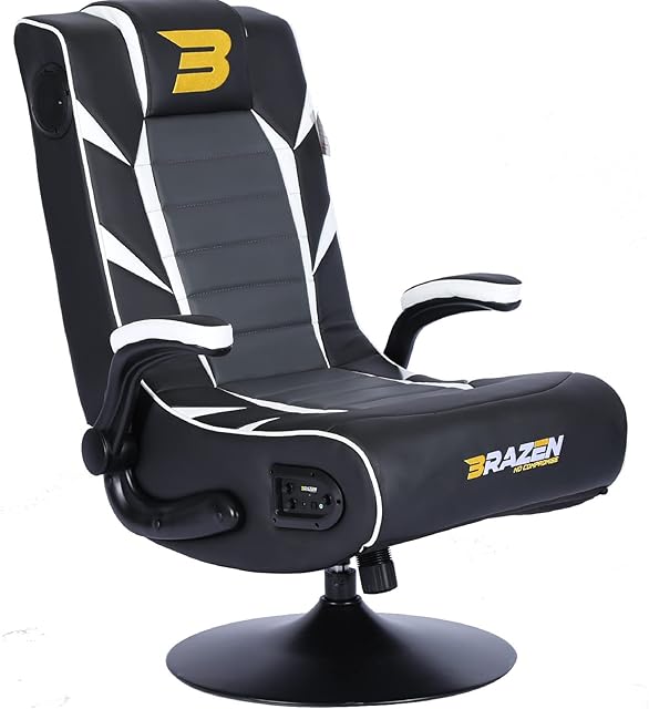 BraZen Panther 2.1 Esports Gaming Chairs Adult Bluetooth Speakers Vibration Swivel Pedestal PU Leather Padded Flip Armrests (White) - Largest British Owned Brand