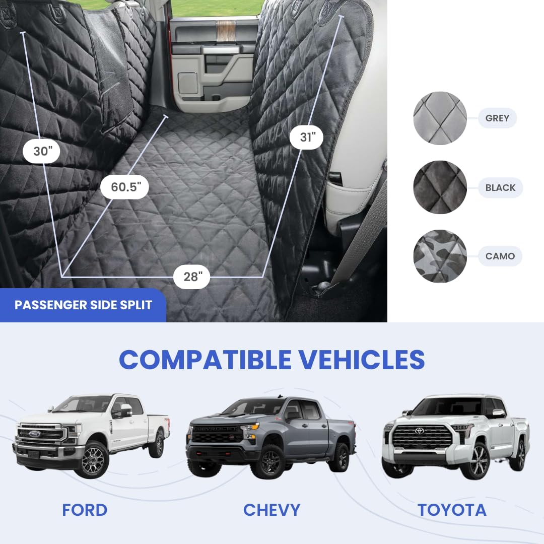 4Knines Dog Floor Hammock For Truck & Crew Cab with Fold Up Seats – Back Seat Pet Cover for Dogs – Compatible with Ford F-150, Ram, GMC, Chevrolet, Toyota Full Size Trucks (Passenger Side Split, Camo)