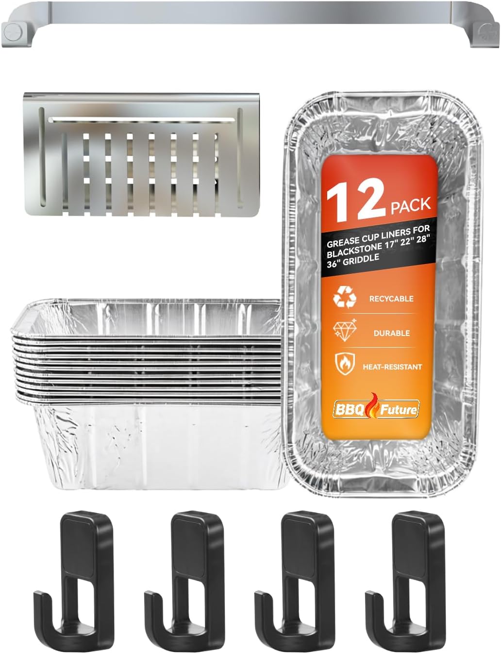 Griddle Accessories Set for Blackstone 17 22 28 36 Inch – 12 Aluminum Grease Cup Liners, 10" Magnetic Tool Holder, Rear Grease Gate Blocker and 4 Magnetic Hooks, Stainless Steel BBQ Grill Parts