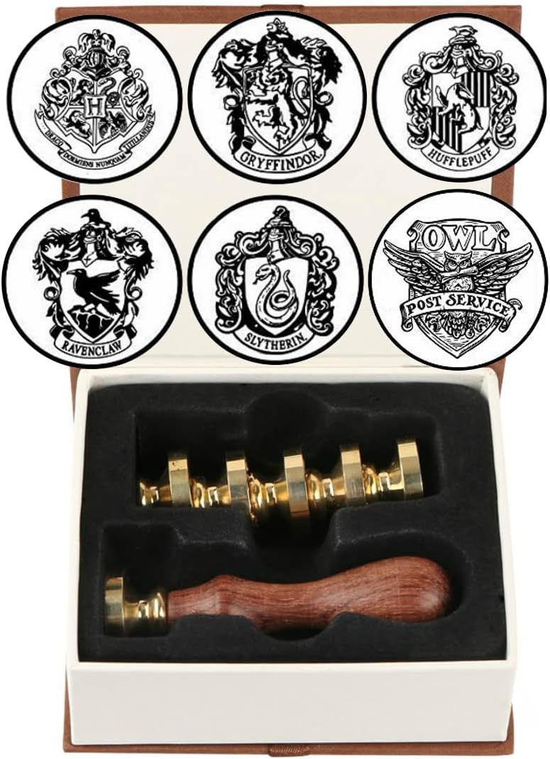 Wax Seal Stamp Set, VIHOME Hogwarts Magic School Seal Stamps Kit Including 6 Pieces Copper Seals + 1 Wooden Hilt (Hogwarts Seal Stamp Kit)