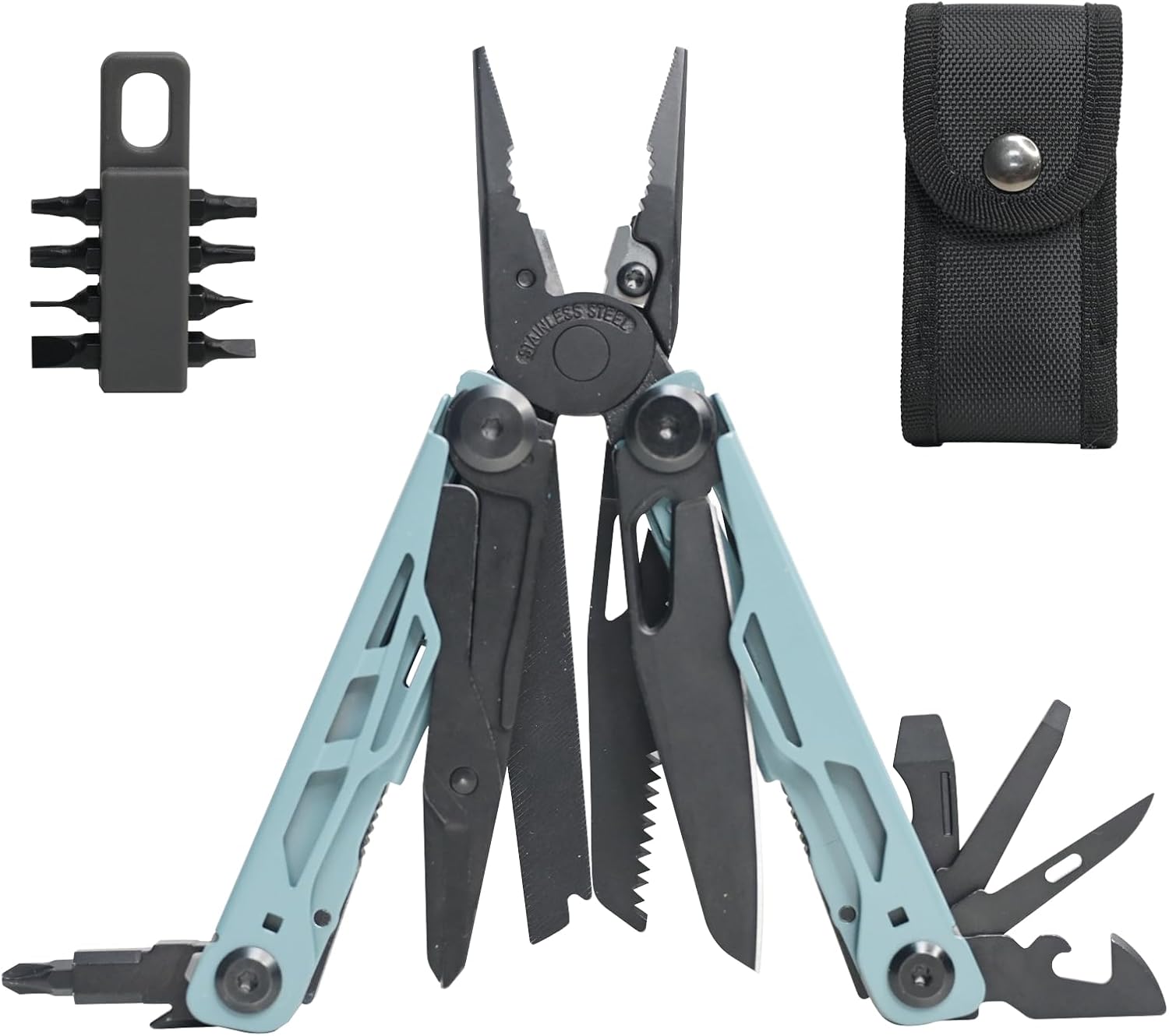 Multitool with Pocket Knife, 25-in-1 Stainless Steel Pliers and Screwdriver, Self-locking Multi-tool EDC Gear with Sheath, Suitable for Camping and Hiking (Greyblue)