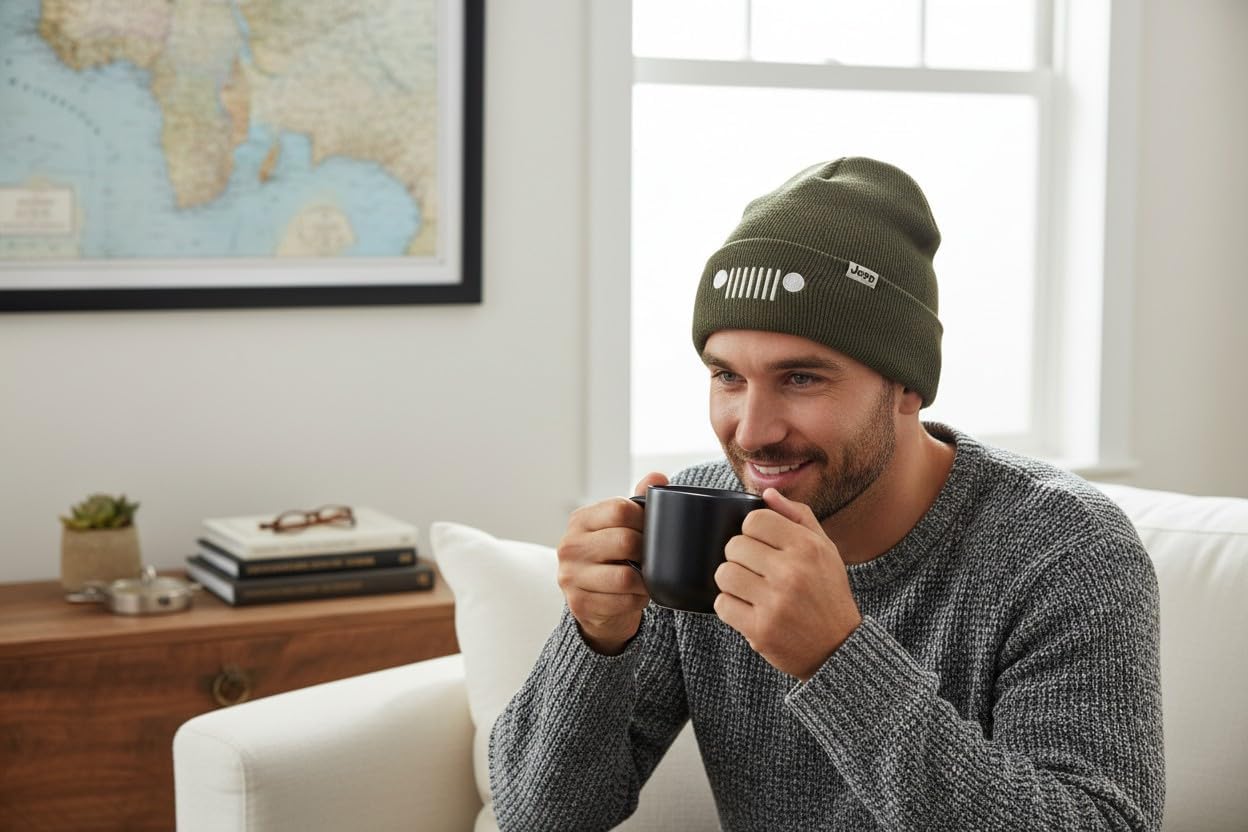 Jeep Grille Knit Beanie Hat for Men & Women | Officially Licensed | Soft Acrylic Winter Cap | Embroidered 7-Slot Grille Logo | Army Green