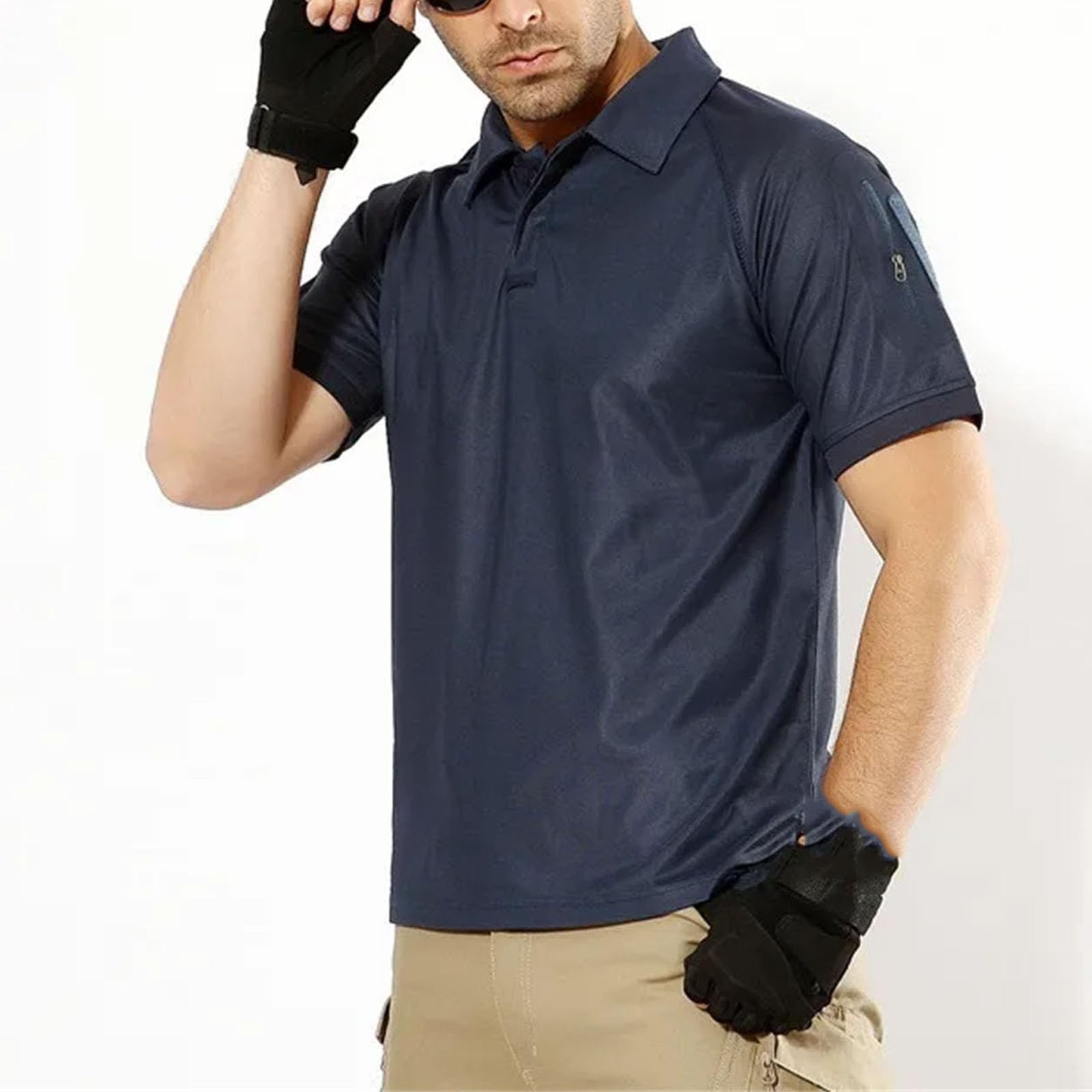 Polo da uomo ad asciugatura rapida traspirante da combattimento tattico da uomo blu navy a maniche corte pullover