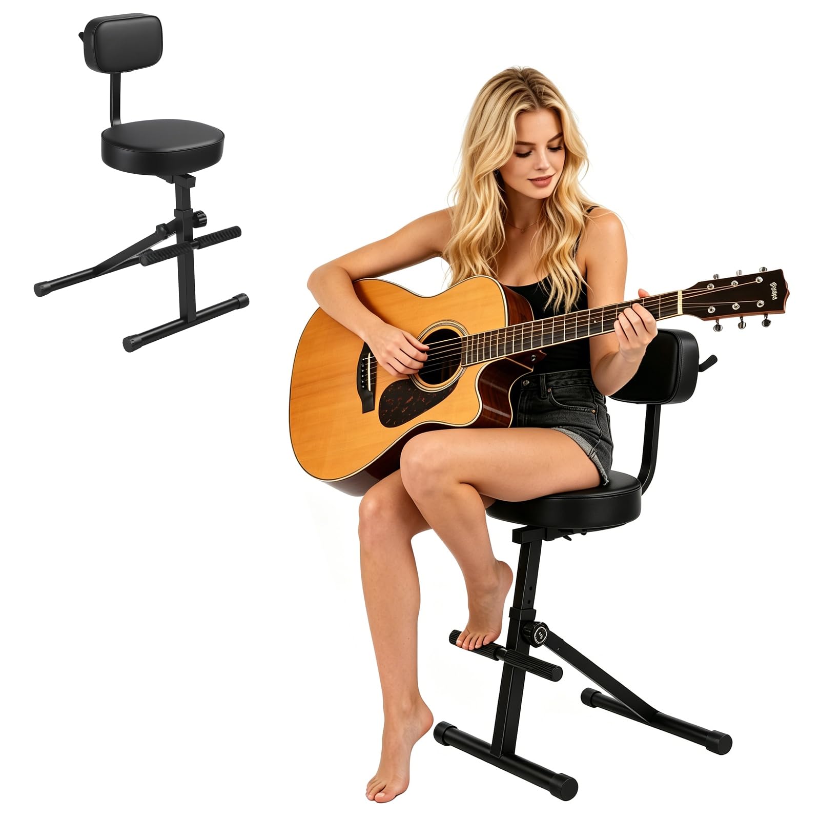Gitarrenhocker Mit Rückenlehne Höhenverstellbarer Gitarrensitz Mit Gitarrenhalter & Fußstütze Klappbarer Stehhocker Für Akustik Bassgitarren Gitarren & Bass Zubehör Schwarz