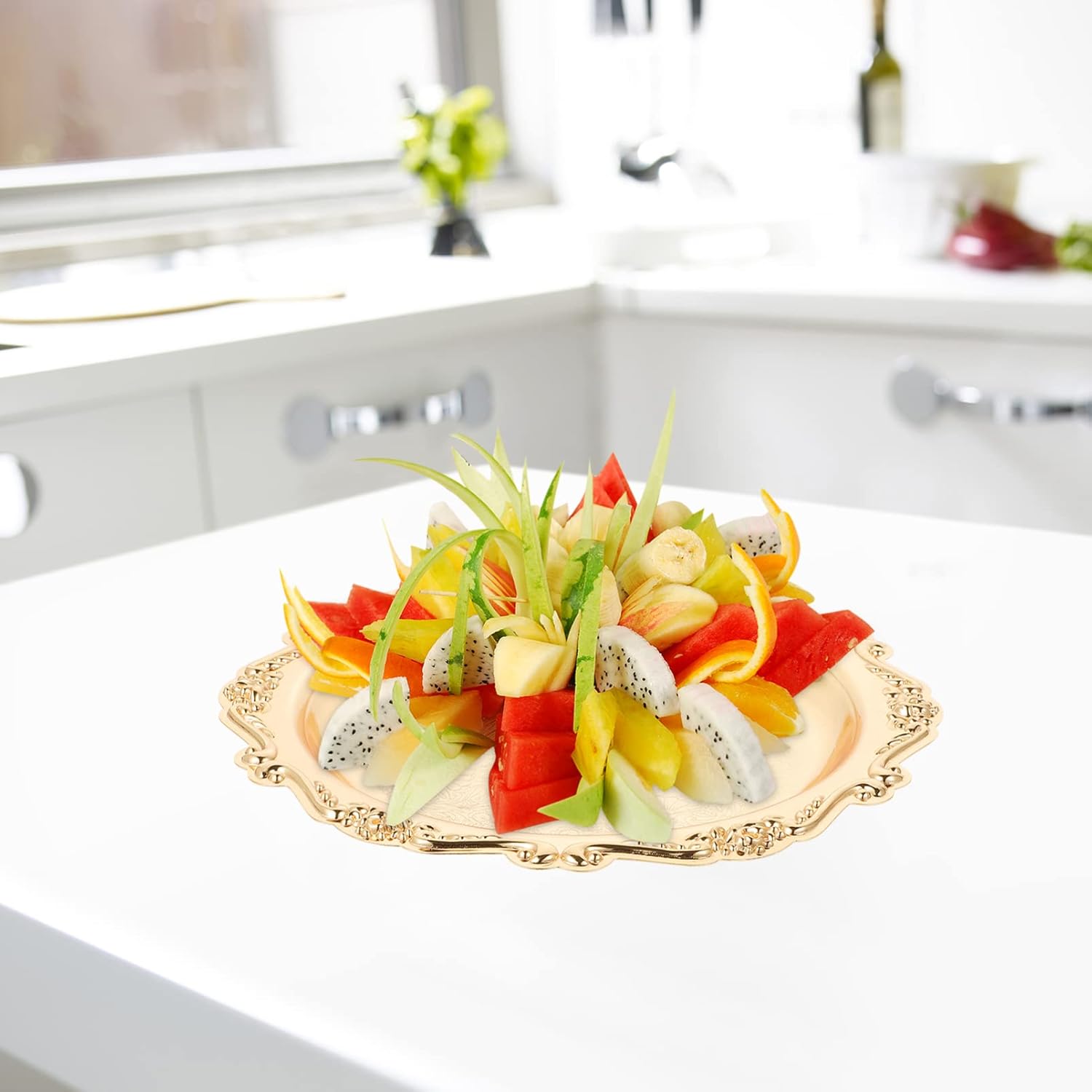 Kichvoe Snacks Plate Round Platter Serving Tray Decorative Plate Metal Tray Coffee Table Perfume Dessert Jewelry Storage Organizer for Kitchen Bathroom Golden