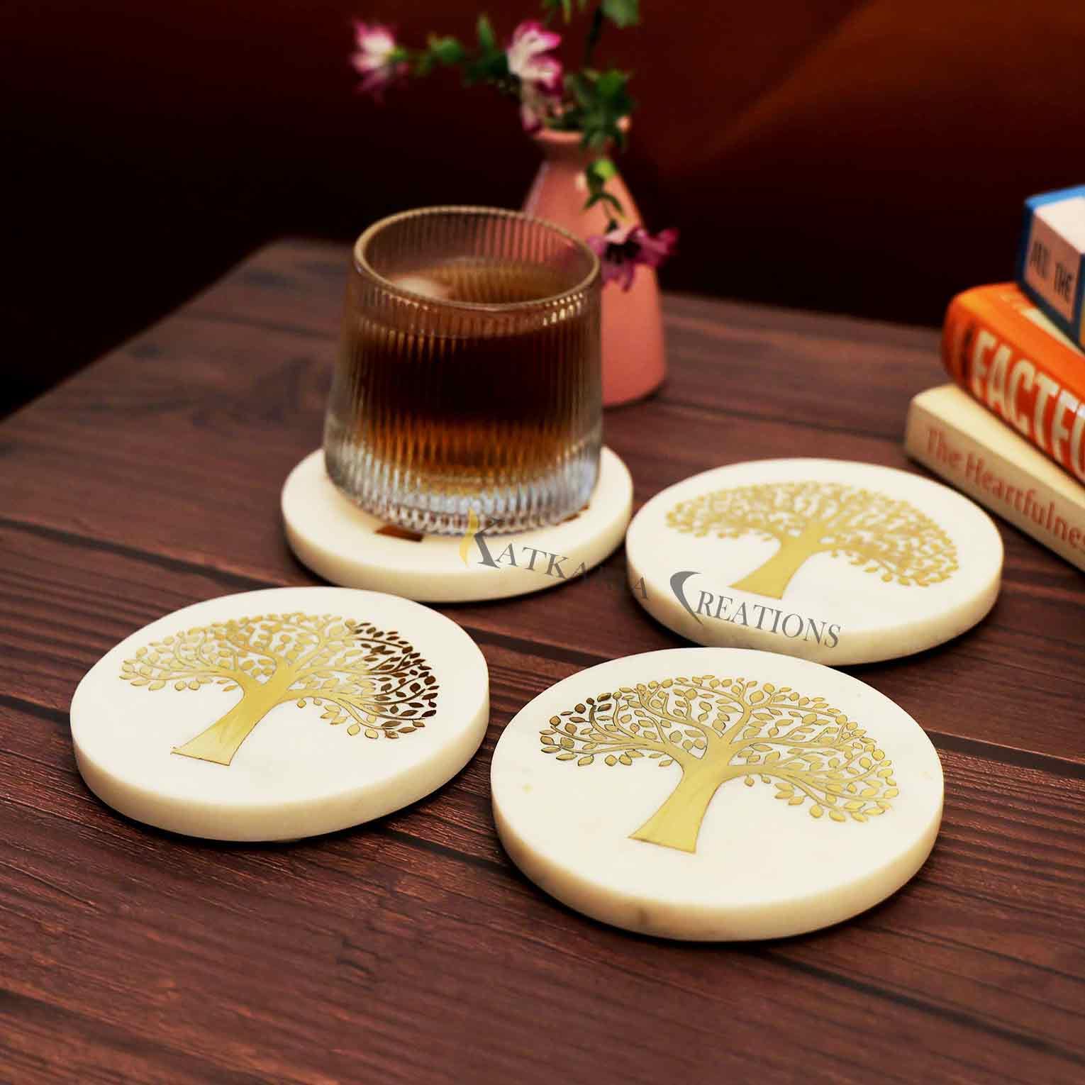 Katkaria Creations Marble Coaster with Brass Tree Metal Sticker | Premium Quality, Set of 4, Rubber Pads, Drinks Coasters-image-15