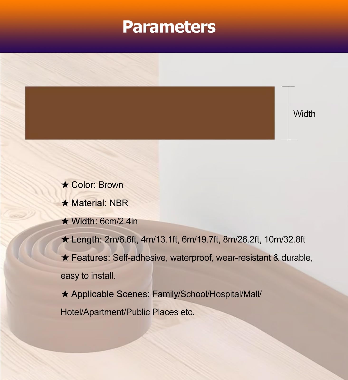 Battiscopa 6.6 13 26 32 Ft Rivestimento flessibile per modanatura per battiscopa lungo per ufficio domestico, Rivestimento per modanatura per base in gomma autoadesiva NBR impermeabile(Brown,L 10m/32.