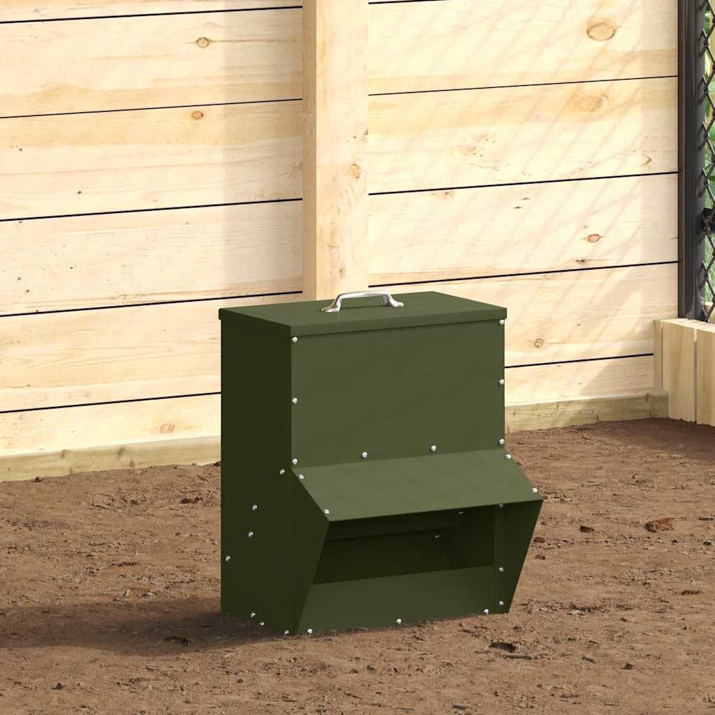 Comedero para pollos verde oliva de acero laminado en frío, 35 x 20,5 x 43,5 cm, resistente a la intemperie, con techo y asa de tapa, para interior y exterior, práctico comedero para aves