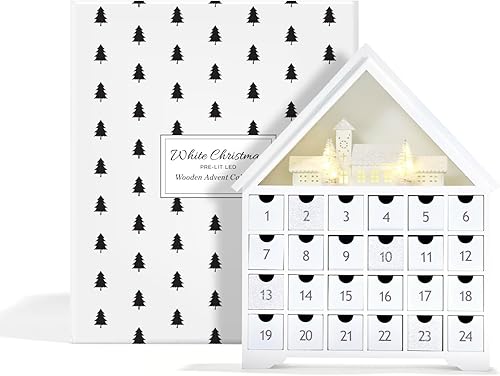 Miniatura 3 de Calendario de Adviento de madera con cajones, calendario de Adviento reutilizable de 16 pulgadas con luces, aldea de Navidad blanca, funciona con