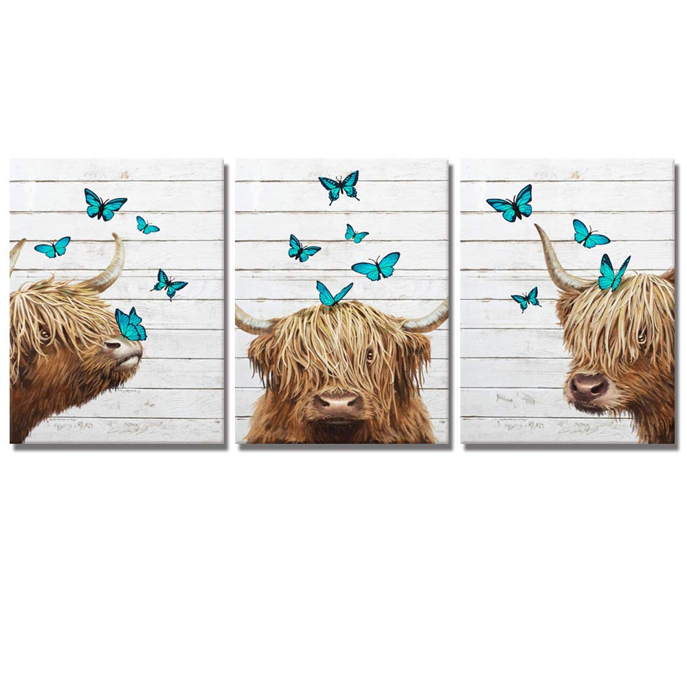 Welmeco 3 Piece Rustic Farmhouse Highland Cow with Butterfly Painting Printed on Canvas Framed and Stretched Fuuny Farm Animals Potrait Picture for Living Room Bedroom Kids Nursery Room Retro Country