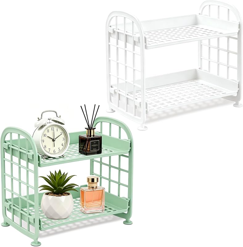 Organizador de mesa QUMENEY com 2 níveis para cosméticos e utensílios, plástico, Light Green + White