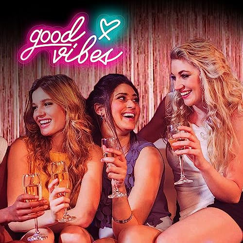 Image of Mothers Day Gifts: Good vibes Neon Sign for Wall -15.7''x 8'' Dimmable Good Vibes LED Light Signs for Bedroom - USB Power Pink Hanging Lighted Up Neon Lights for Room, Office, Party, Salon Decor